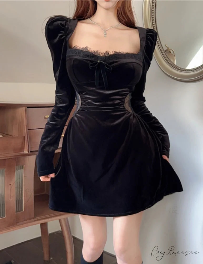 Velvet Lace Halter Dress with Deep V-Neck and Long Sleeves M / Black