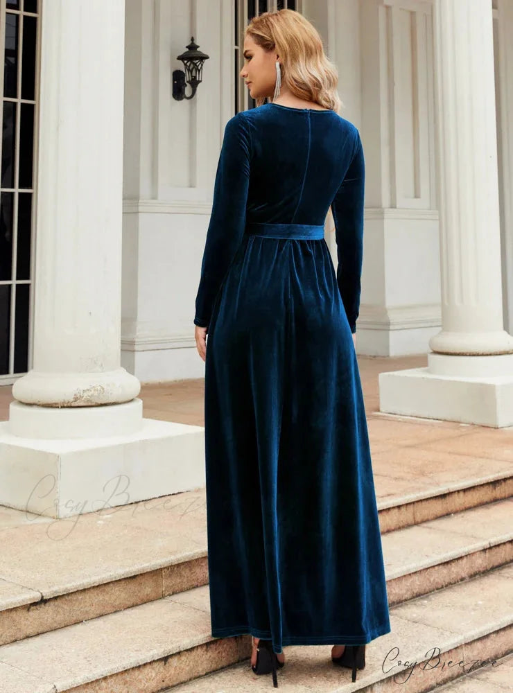VELVET LONG SLEEVE DRESS - SOLID COLOR S / black