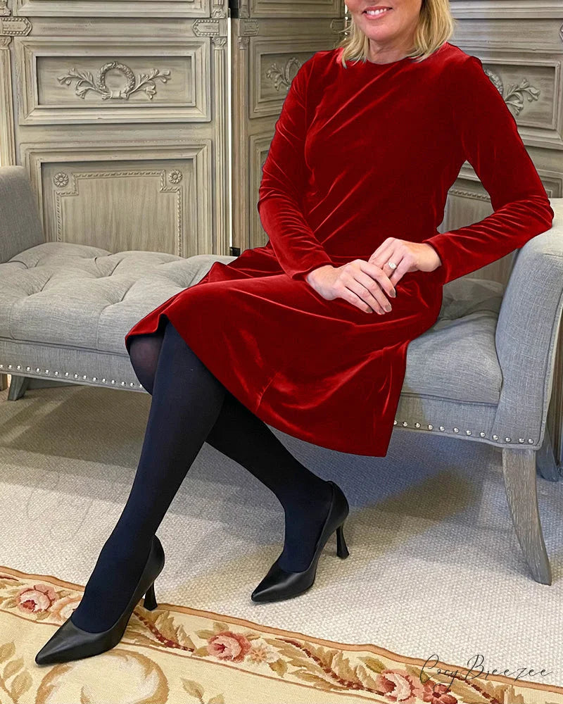 Velvet Round Neck Dress Red / S