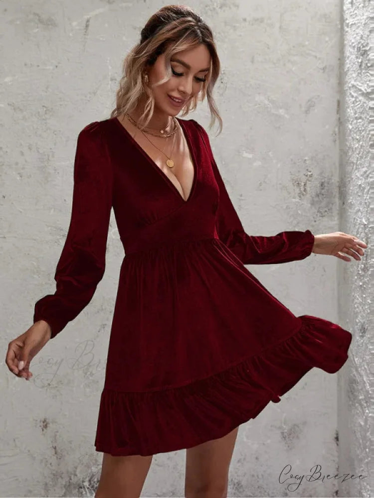 Velvet Ruffled Dress with Deep V-Neck and Puff Sleeves XS / black