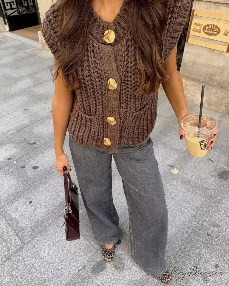 Versatile Coarse Needle Knitted Tank Cardigan Chocolate / S cardigans-241228