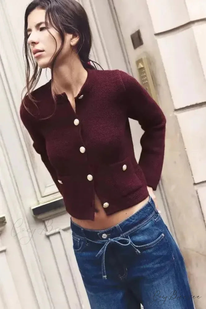 Versatile Gold Buckle Full Sleeve Cardigan Burgundy / S cardigans-241228