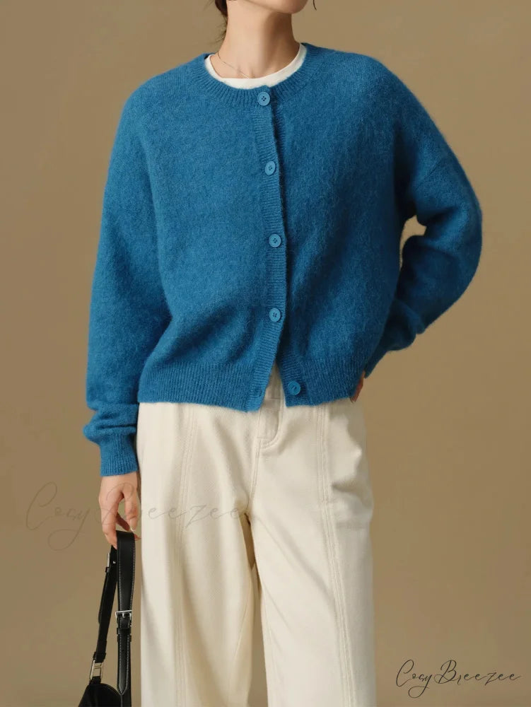 Versatile Round Neck Winter Knitted Cardigan for Women Blue / M cardiagn-250126