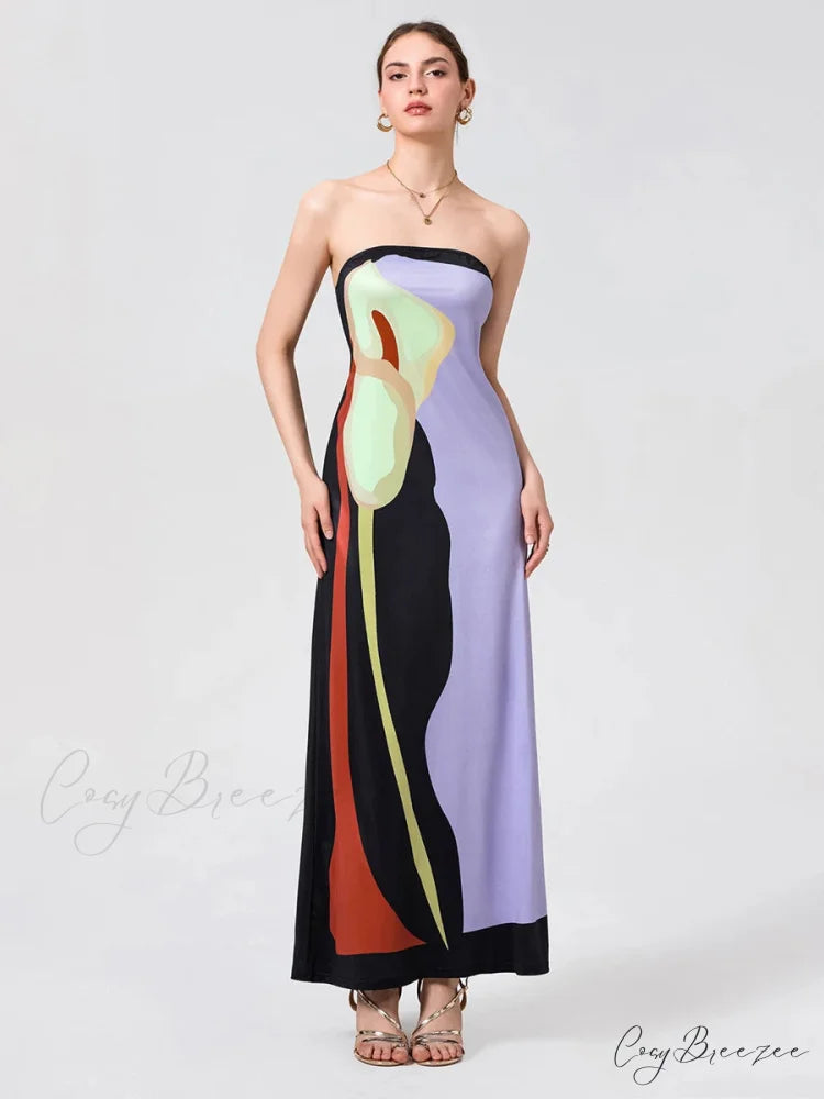 Vintage Abstract Floral Strapless Backless Loose Tube Top Dress floraldress-250126