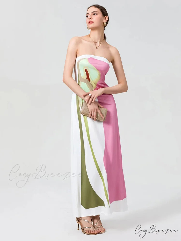 Vintage Abstract Floral Strapless Backless Loose Tube Top Dress floraldress-250126