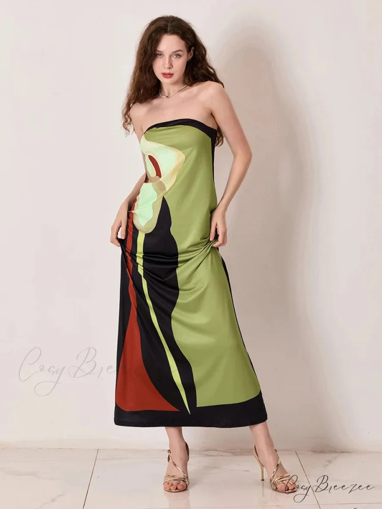 Vintage Abstract Floral Strapless Backless Loose Tube Top Dress floraldress-250126