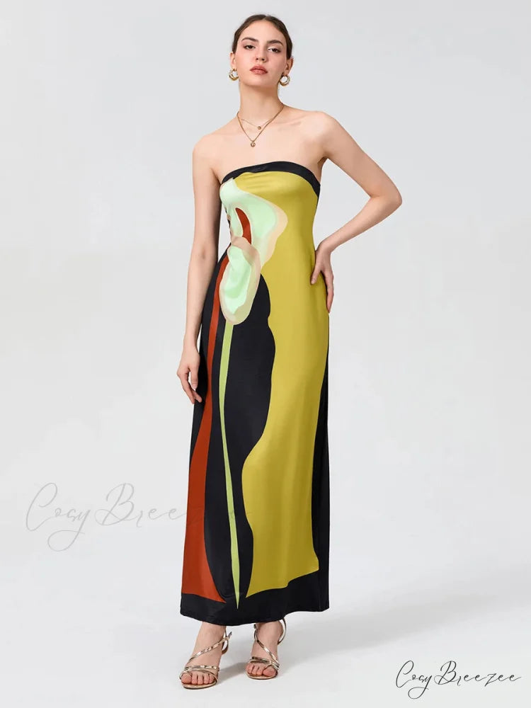 Vintage Abstract Floral Strapless Backless Loose Tube Top Dress floraldress-250126