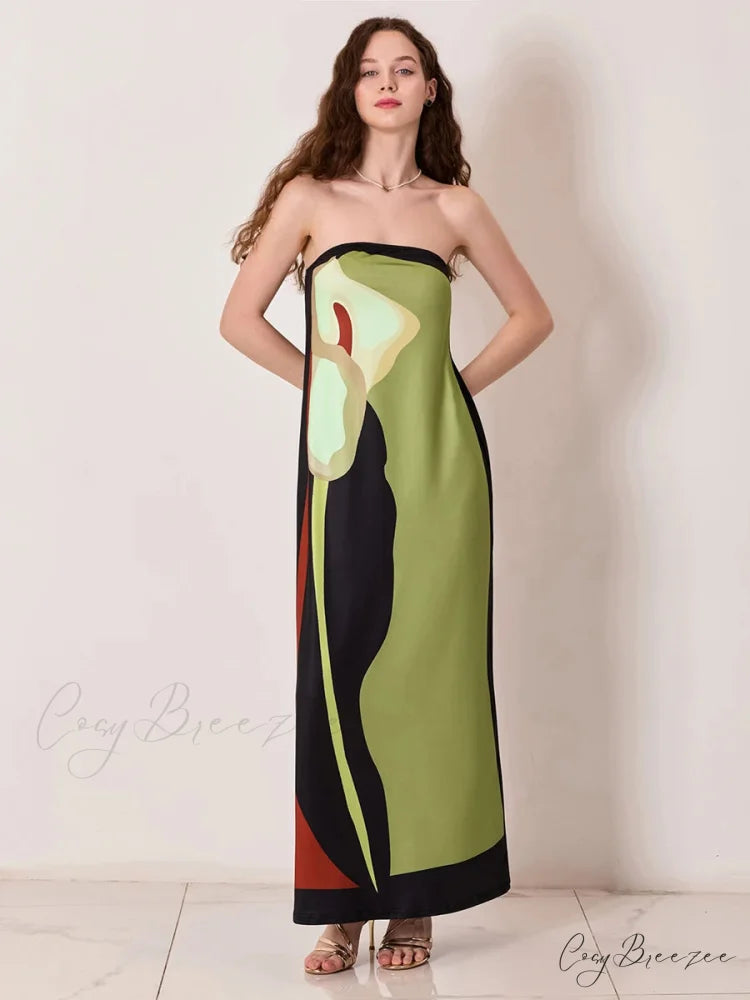 Vintage Abstract Floral Strapless Backless Loose Tube Top Dress GREEN / S floraldress-250126