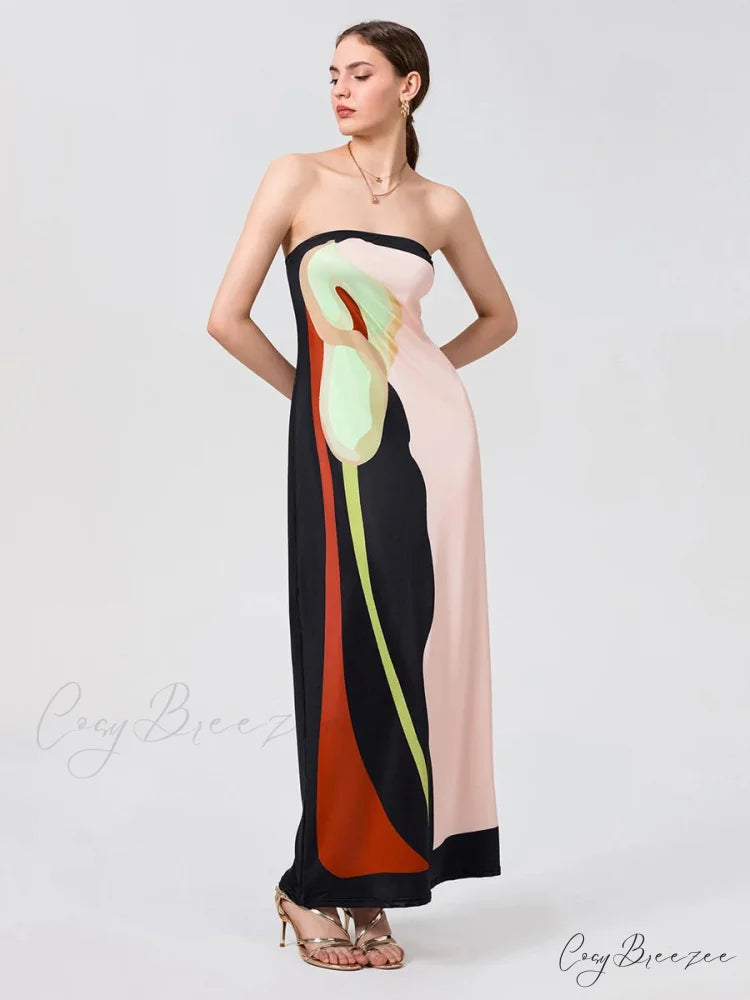 Vintage Abstract Floral Strapless Backless Loose Tube Top Dress PINK1 / S floraldress-250126