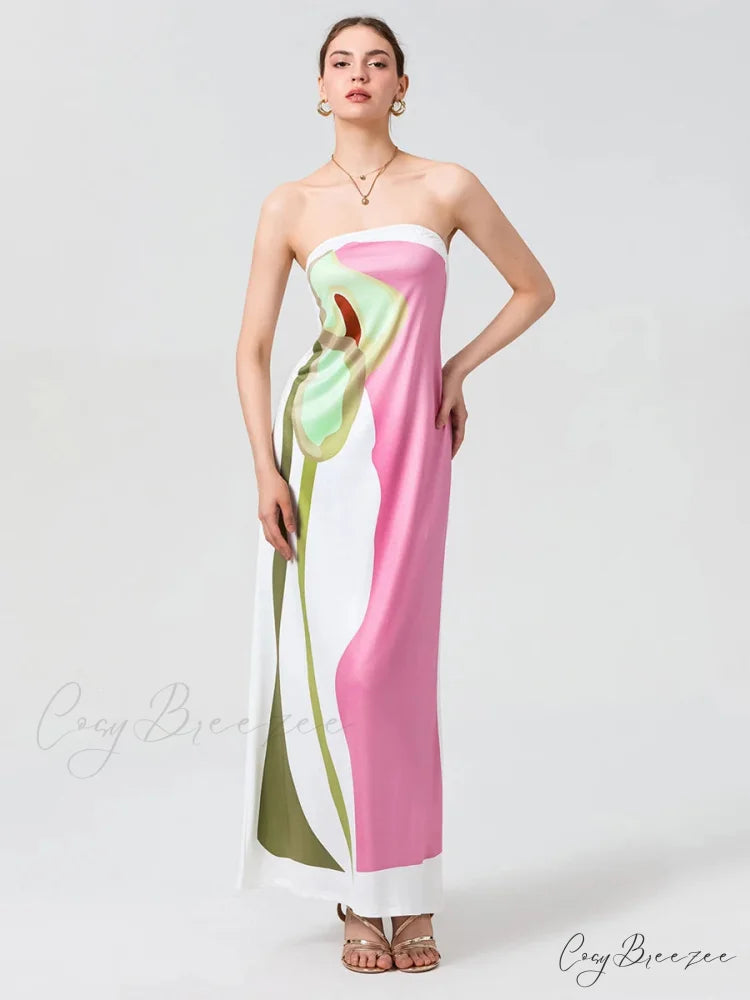 Vintage Abstract Floral Strapless Backless Loose Tube Top Dress PINK2 / S floraldress-250126
