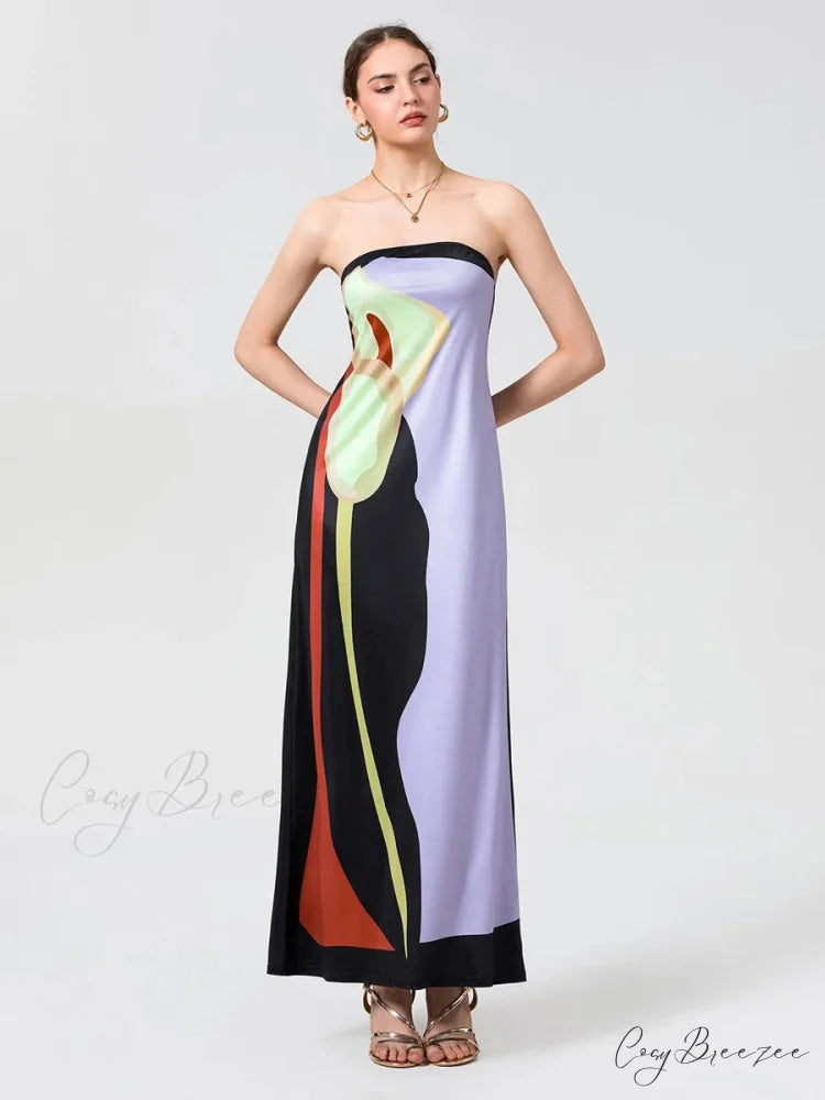 Vintage Abstract Floral Strapless Backless Loose Tube Top Dress PURPLE / S floraldress-250126