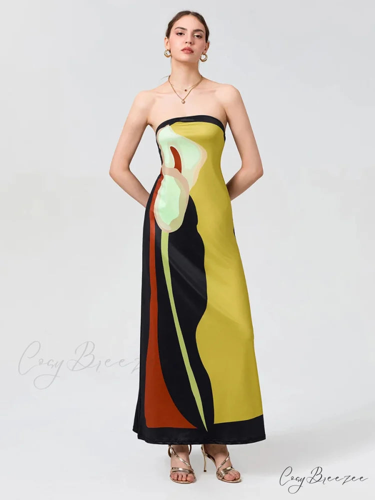 Vintage Abstract Floral Strapless Backless Loose Tube Top Dress YELLOW / S floraldress-250126