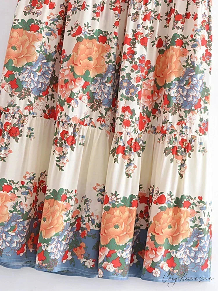Vintage Beach Floral Hippie High Waist Boho Maxi Skirt Femme skirt-250126