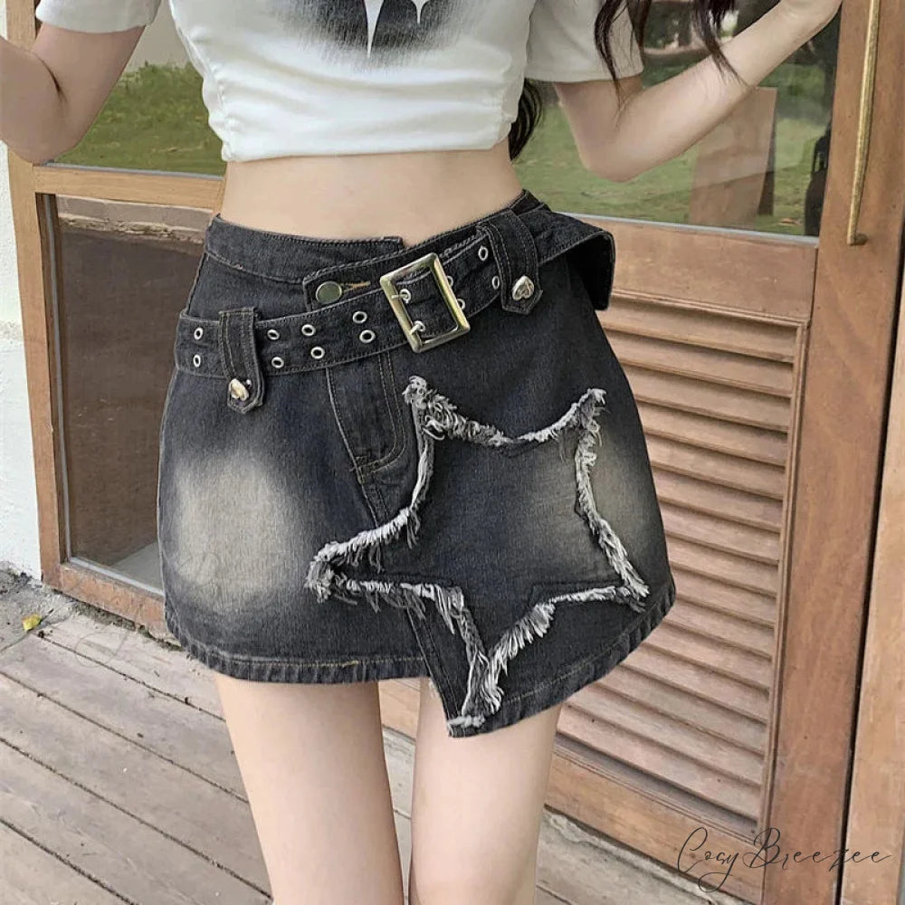 Vintage Black Mini Irregular Belt Retro Skirt Black / S