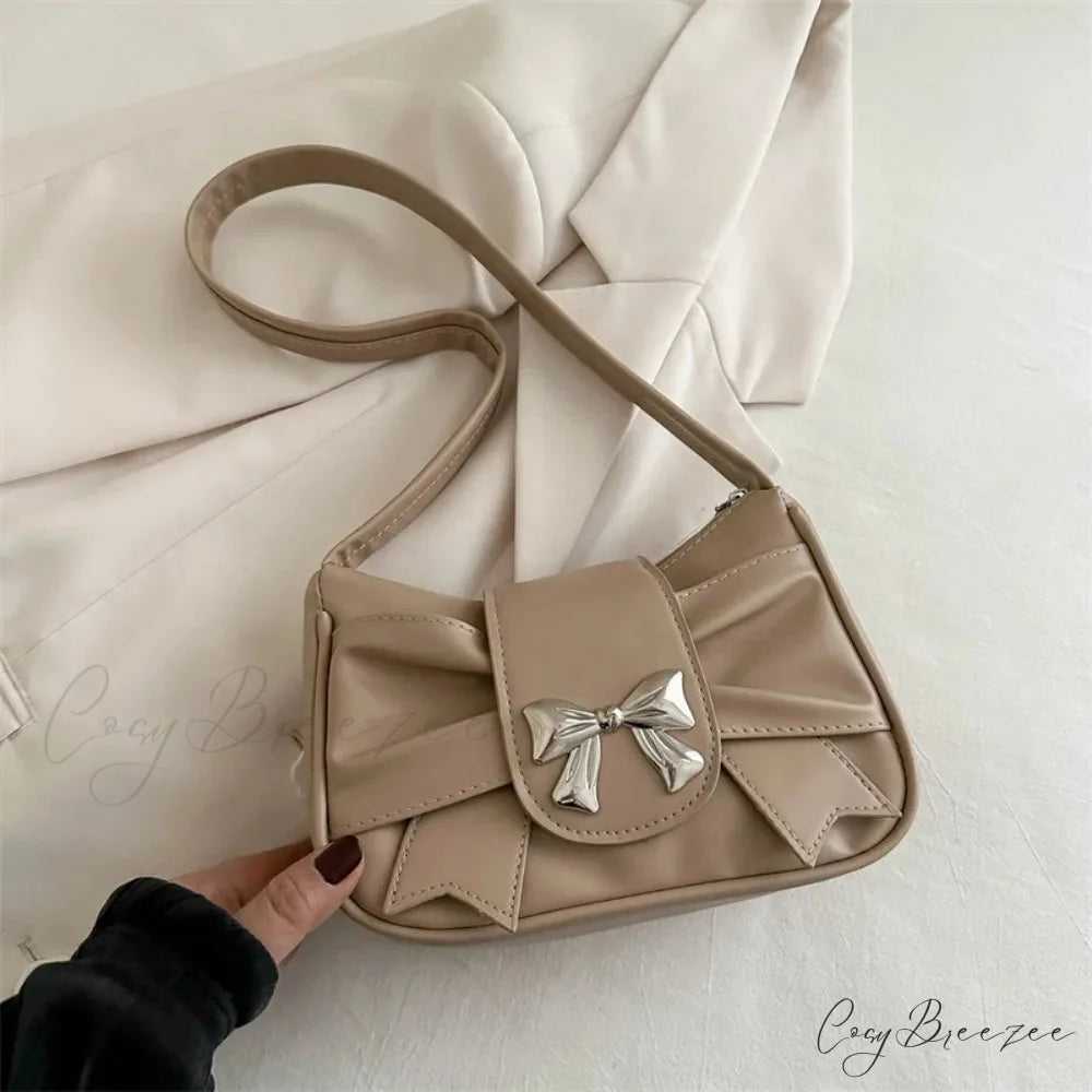 Vintage Bow PU Leather Business Shoulder Handbag Khaki shoulder-250126