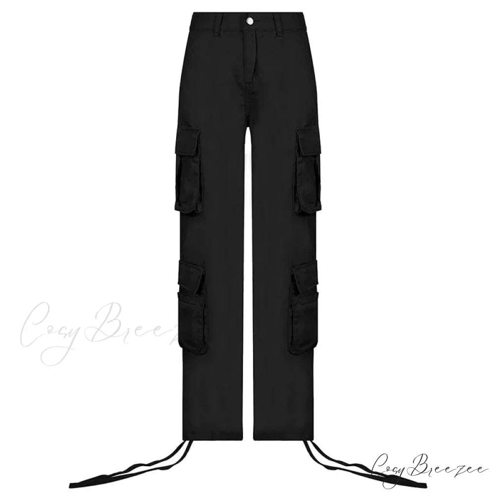 Vintage Cargo Baggy Streetwear Pockets Wide Leg Low Waist Casual Loose Y2k Denim Jean Black / S