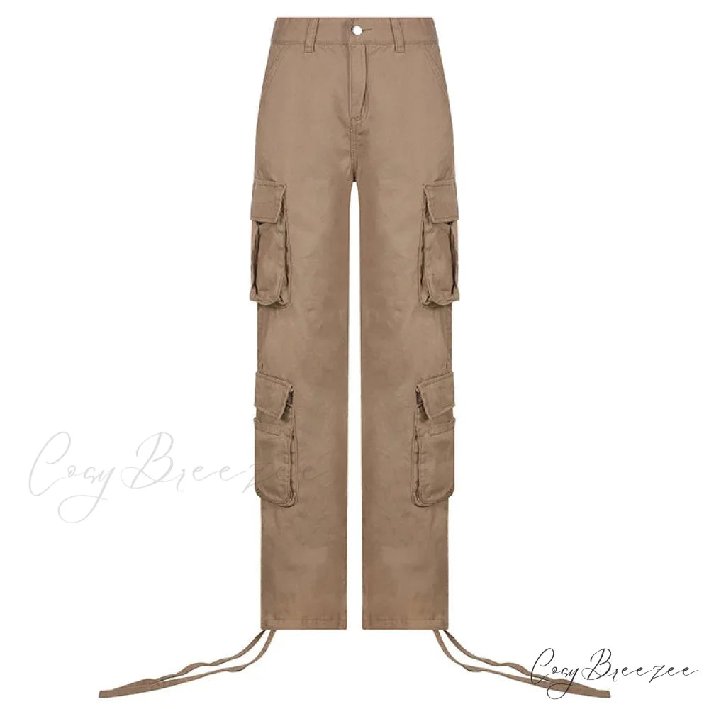 Vintage Cargo Baggy Streetwear Pockets Wide Leg Low Waist Casual Loose Y2k Denim Jean khaki / S