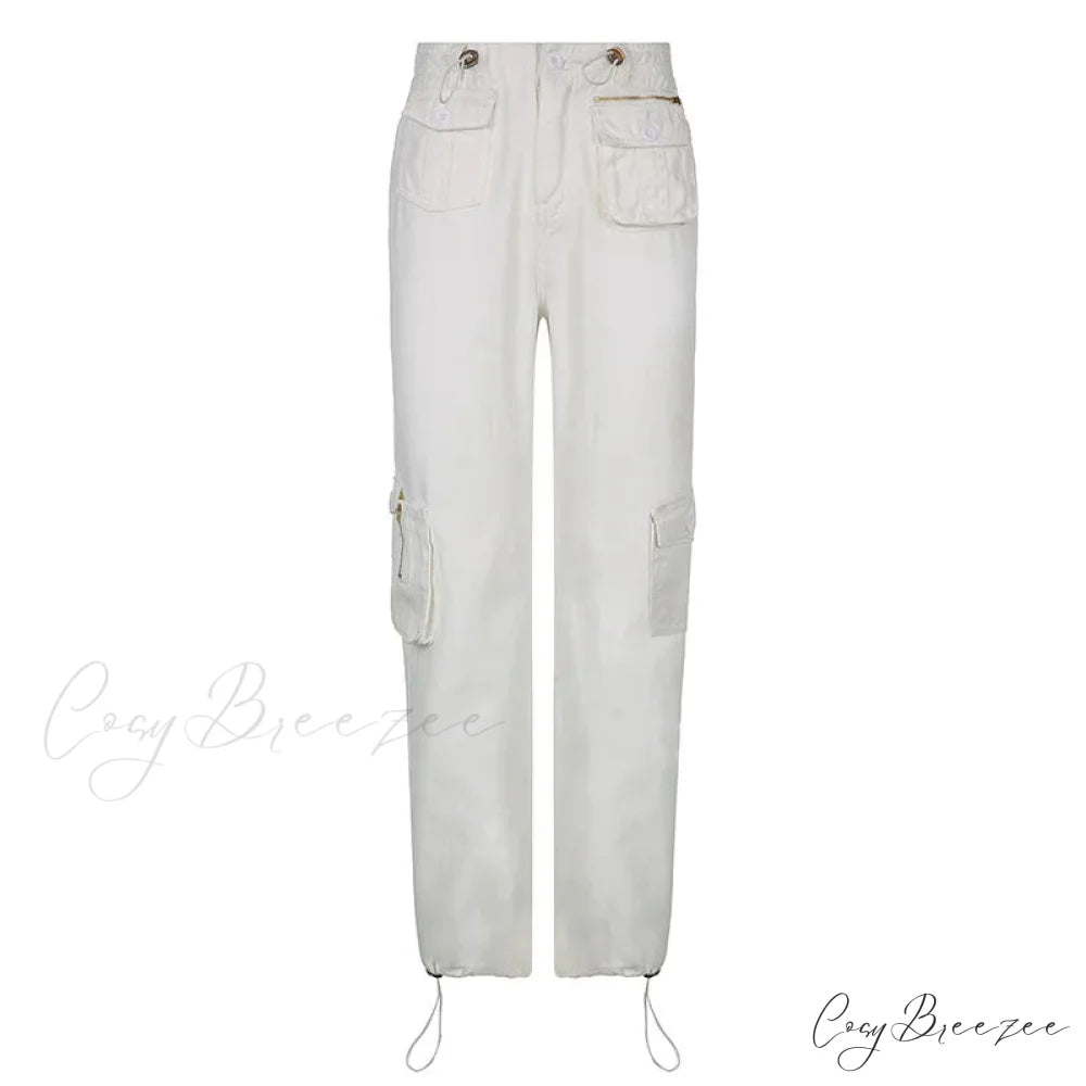 Vintage Cargo Baggy Streetwear Pockets Wide Leg Low Waist Casual Loose Y2k Denim Jean WHITE / S