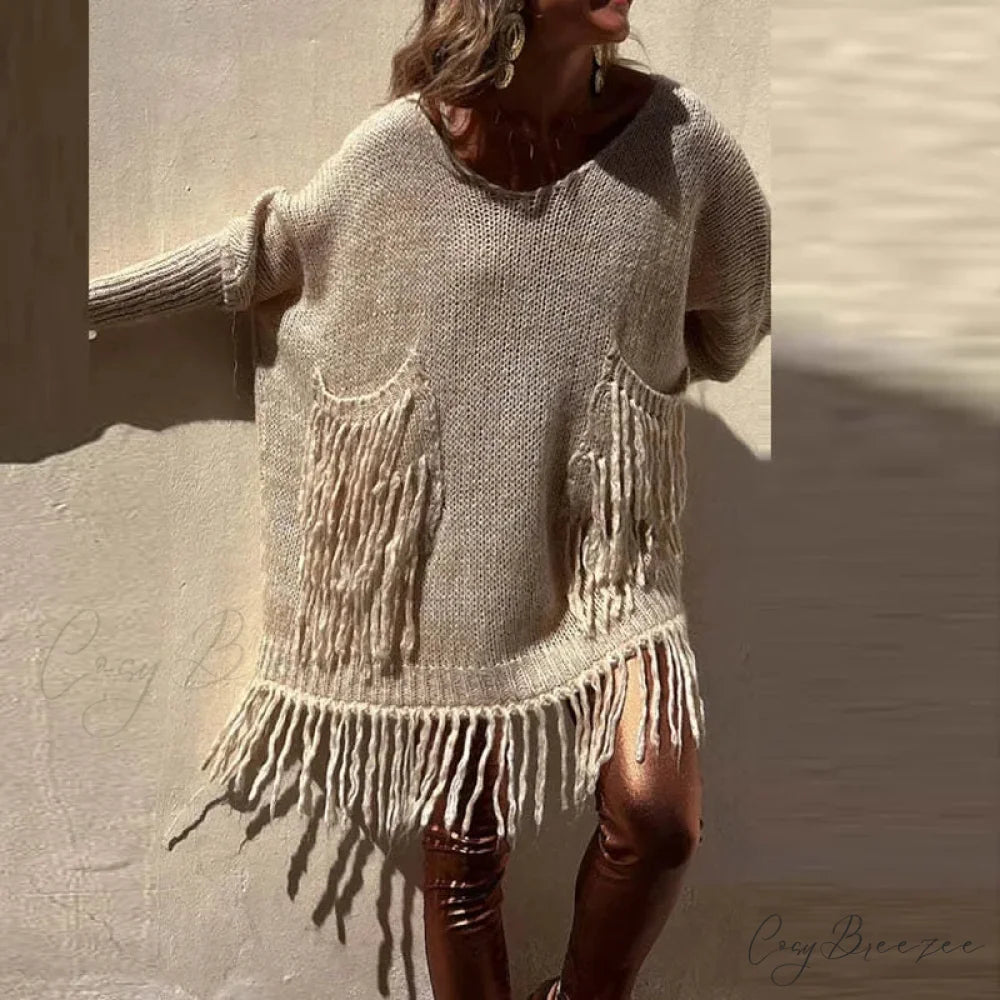 Vintage Casual Knitted Sweater Midi Dress KHAKI / S