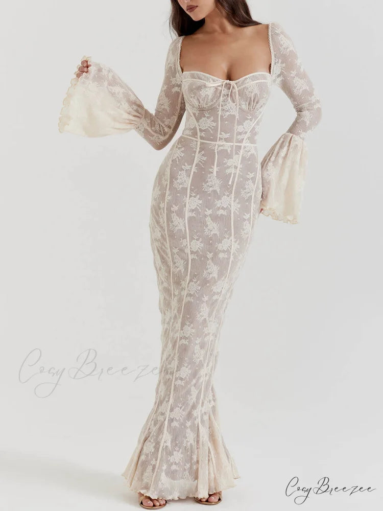 Vintage Cream Stylish Lace Maxi Dress