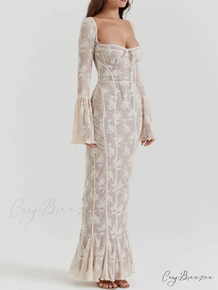 Vintage Cream Stylish Lace Maxi Dress