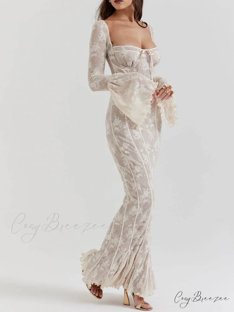 Vintage Cream Stylish Lace Maxi Dress