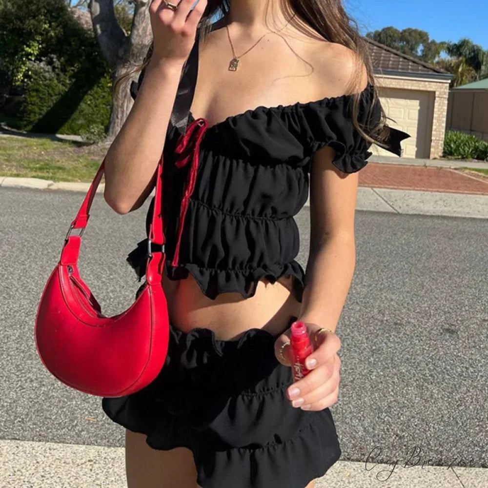Vintage Cute Bow V Neck Ruched Crop Tops + Pencil Skirt BLACK / S twopiecesset-250126