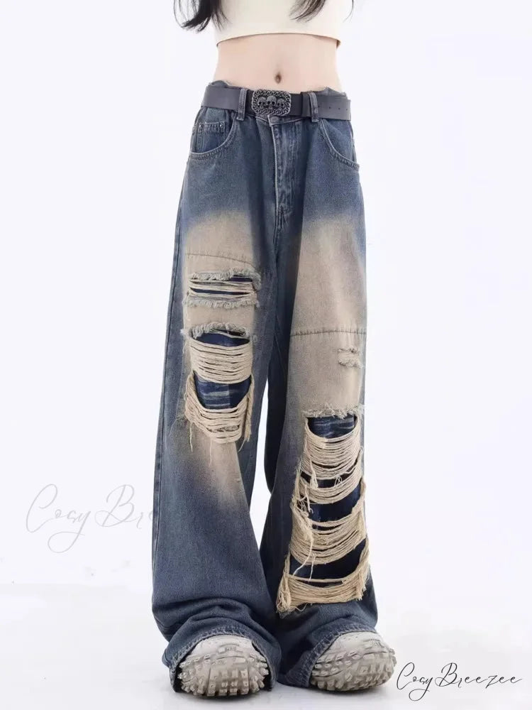 Vintage Distressed Washed Summer Loose Fitting Wide Leg Straight Tube Trendy Street Women’s Jean Blue / S