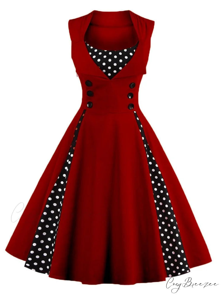 Vintage Dot Retro - Women’s Warm-Season Pin Swing Casual Tunic Party Rockabilly Vestidos Up Gown S-4XL Burgundy / S