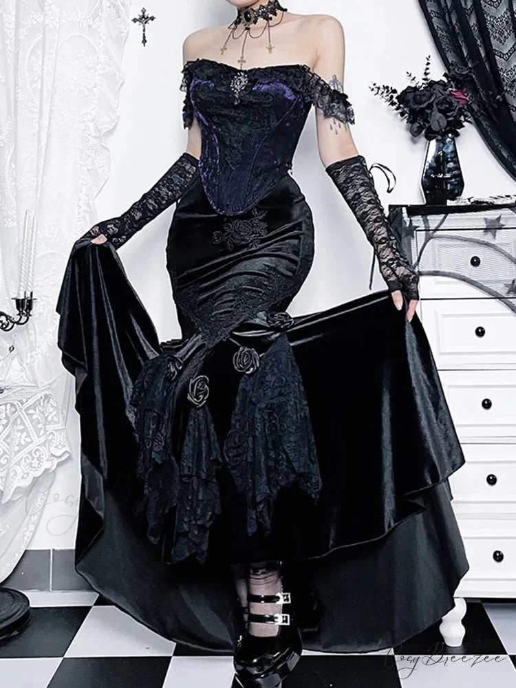 Vintage Elegant Trumpet Women Mall Goth Florals Patchwork High Waist Aesthetic Fairycore Skirt Black / S