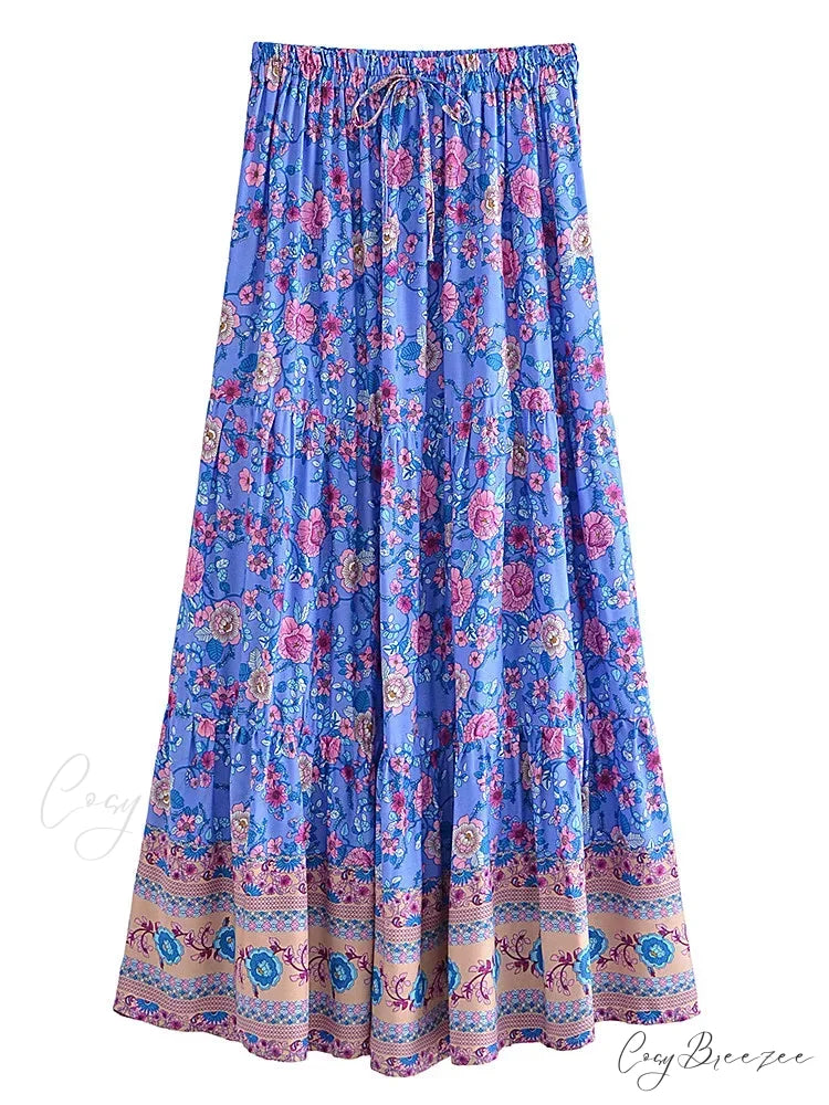 Vintage Fashion Beach Floral Print Hippie Skirt High Elastic A-Line Boho skirt-250126