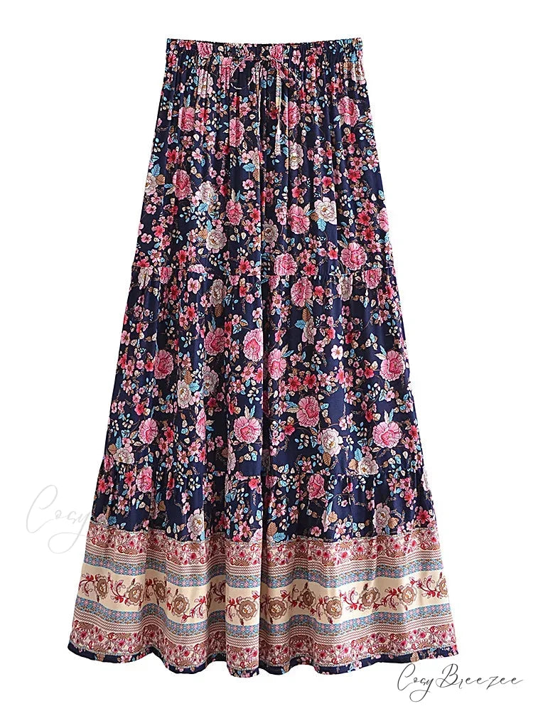 Vintage Fashion Beach Floral Print Hippie Skirt High Elastic A-Line Boho navy / S skirt-250126
