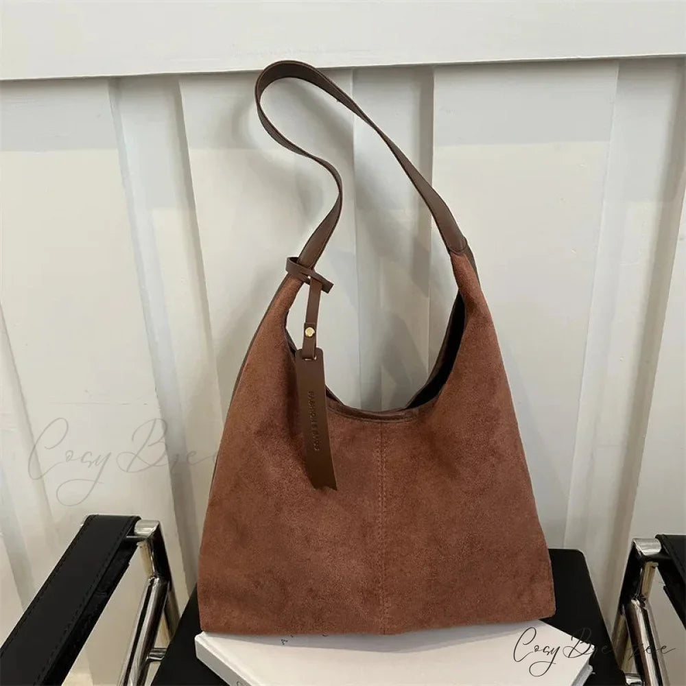 Vintage Faux Suede Large Shoulder Bag Brown shoulder-250126