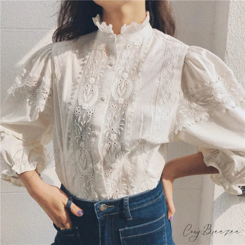 Vintage Floral Embroidery Cotton Linen Lantern Sleeve Blouse White / S bohoblouse-250126