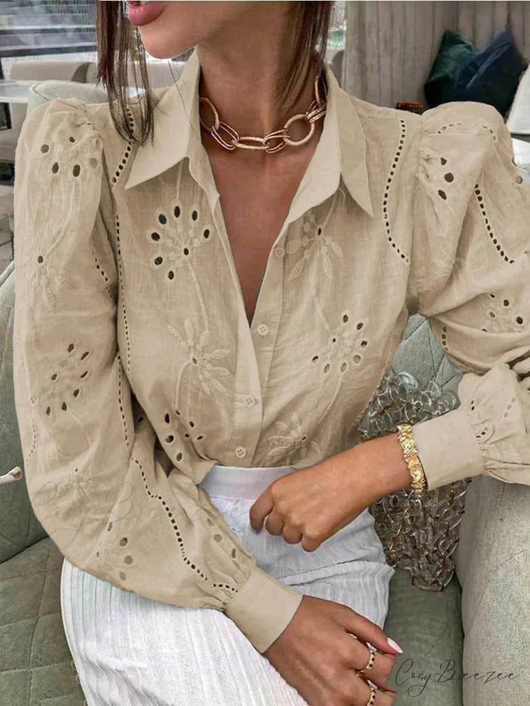 Vintage Floral Embroidery Hollow Out Puff Sleeve Blouse Apricot / S bohoblouse-250126