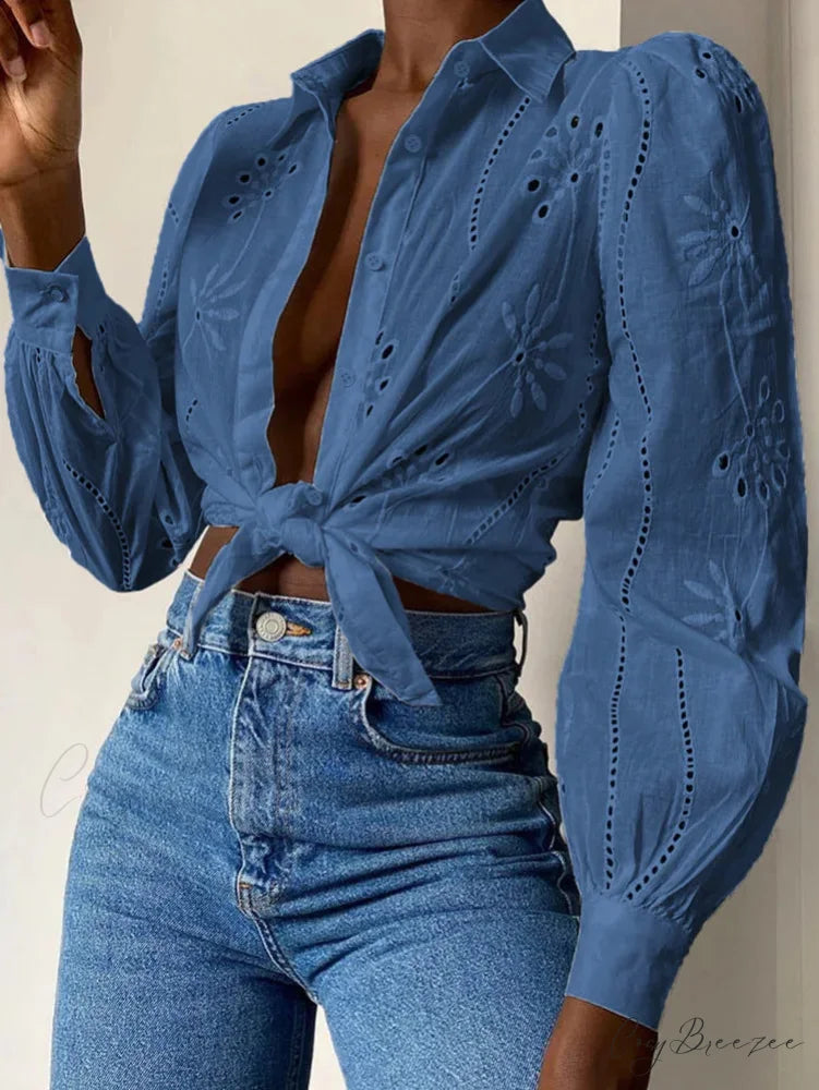 Vintage Floral Embroidery Hollow Out Puff Sleeve Blouse Gray-blue / S bohoblouse-250126