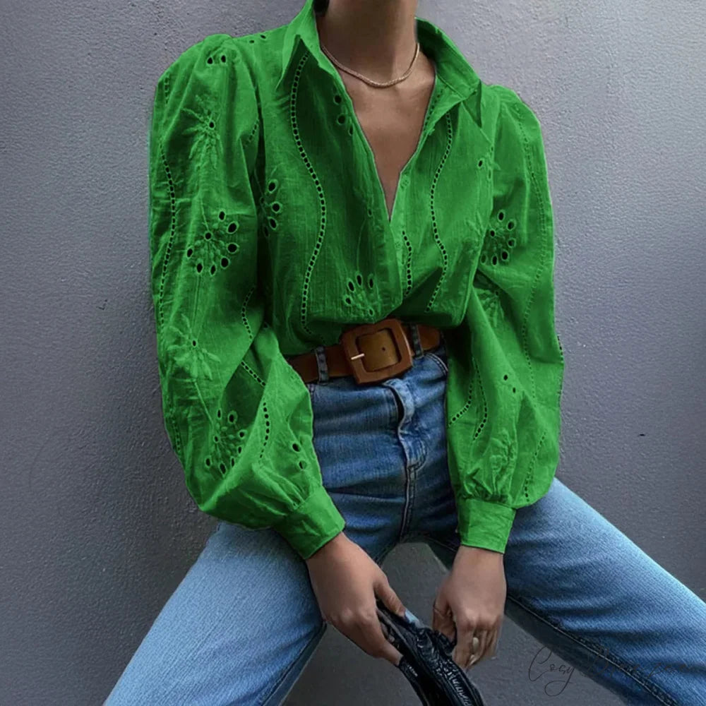 Vintage Floral Embroidery Hollow Out Puff Sleeve Blouse Green / S bohoblouse-250126