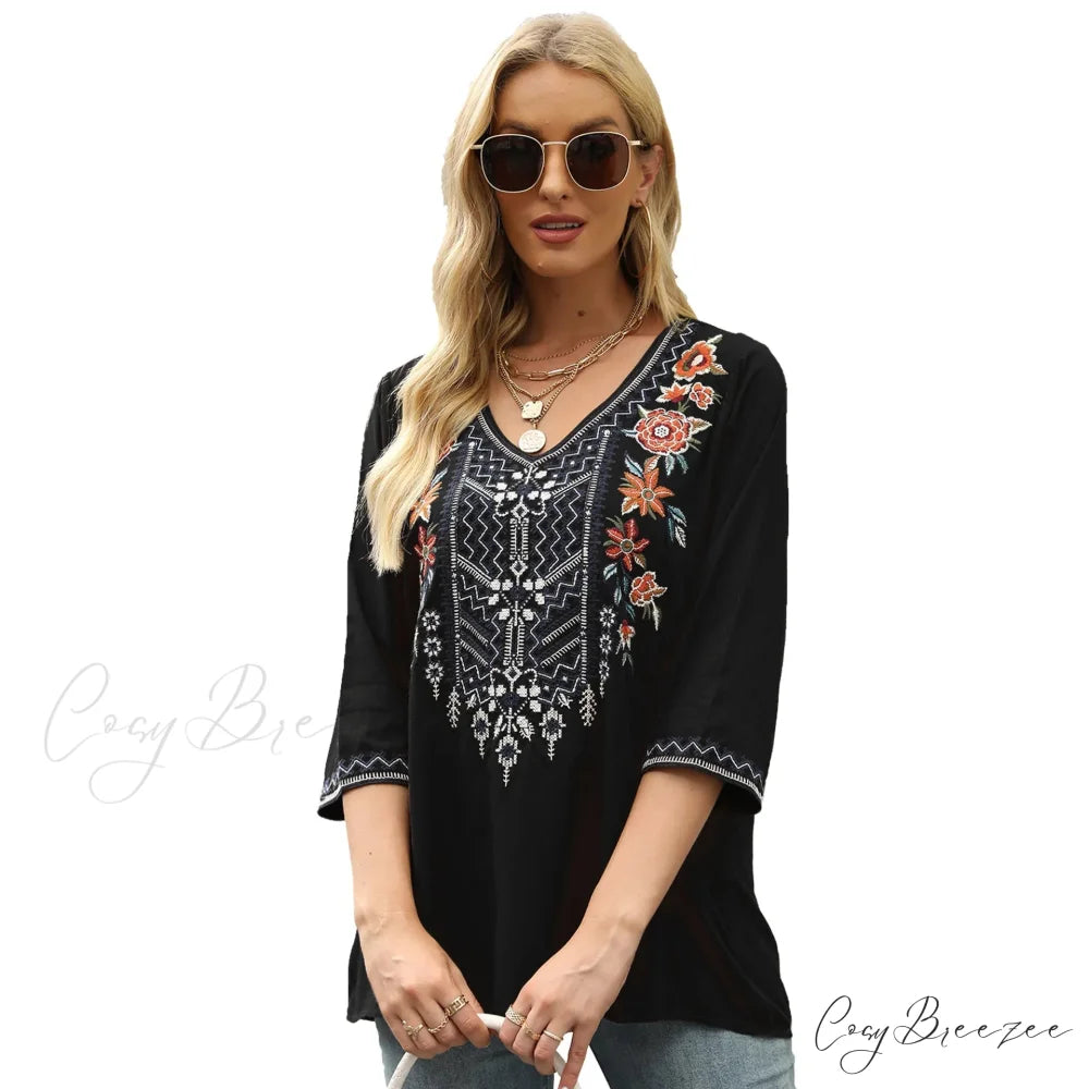 Vintage Floral Embroidery Loose Cotton Long Sleeve Blouse Black / S bohoblouse-250126