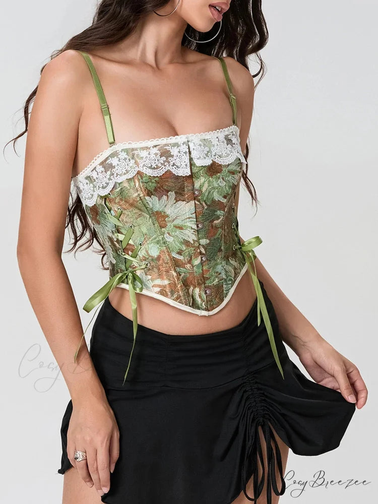 Vintage Floral Lace Trim Tie-up Spaghetti Strap Bustier croptop-250126