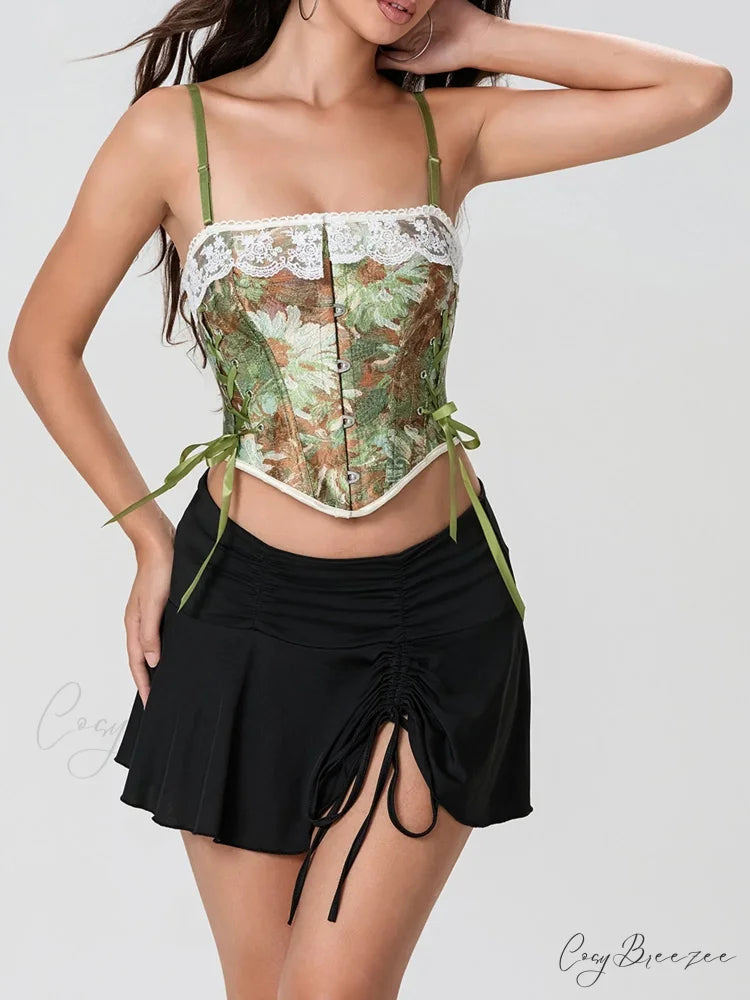 Vintage Floral Lace Trim Tie-up Spaghetti Strap Bustier croptop-250126