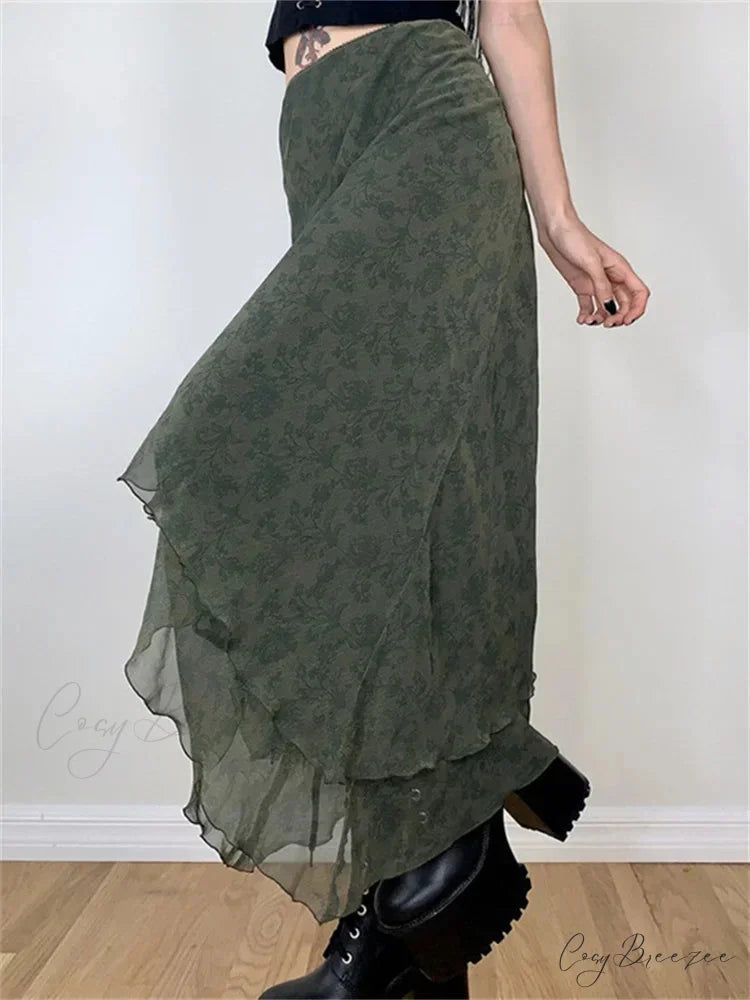 Vintage Floral Midi Skirt High Waist Mesh Irregular skirt-250126