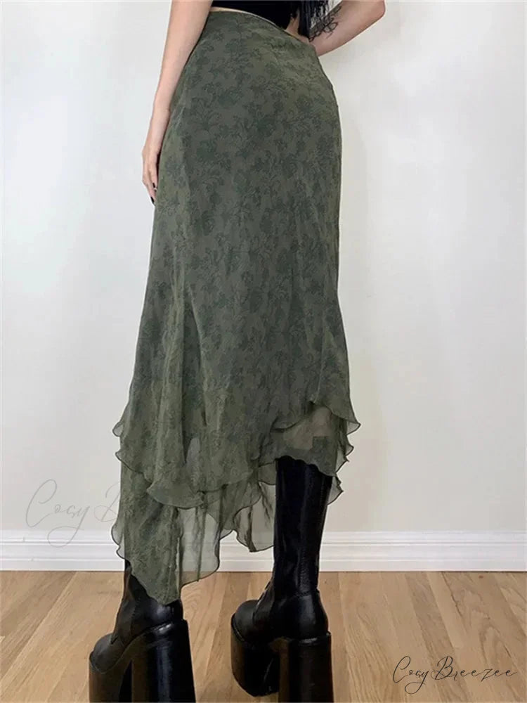 Vintage Floral Midi Skirt High Waist Mesh Irregular skirt-250126