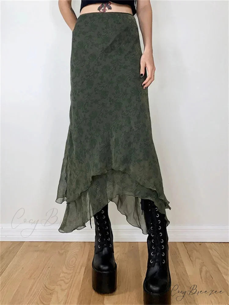 Vintage Floral Midi Skirt High Waist Mesh Irregular Green / S skirt-250126