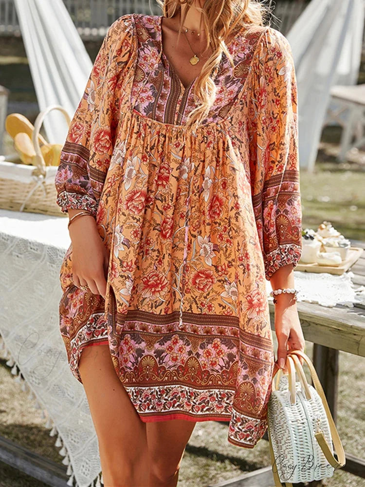 Vintage Floral Print Boho A-Line Dress Orange / S bohodress-250126