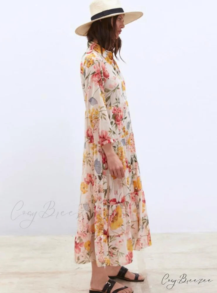 Vintage Floral Print Casual Loose Long Dress for Women