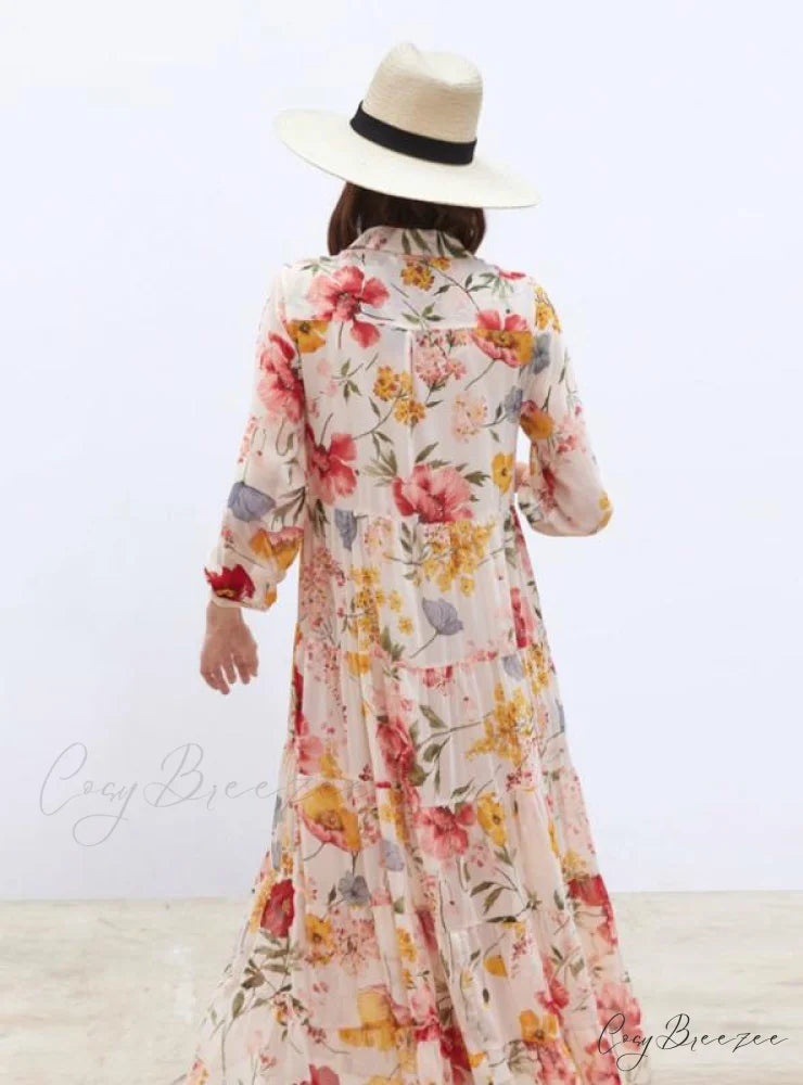 Vintage Floral Print Casual Loose Long Dress for Women