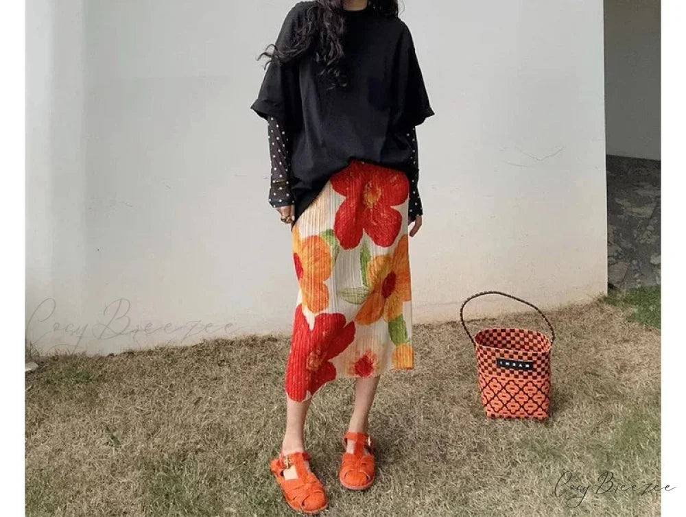 Vintage Floral Print Pleated Midi High Waist Slit A-Line Skirt skirt-250126