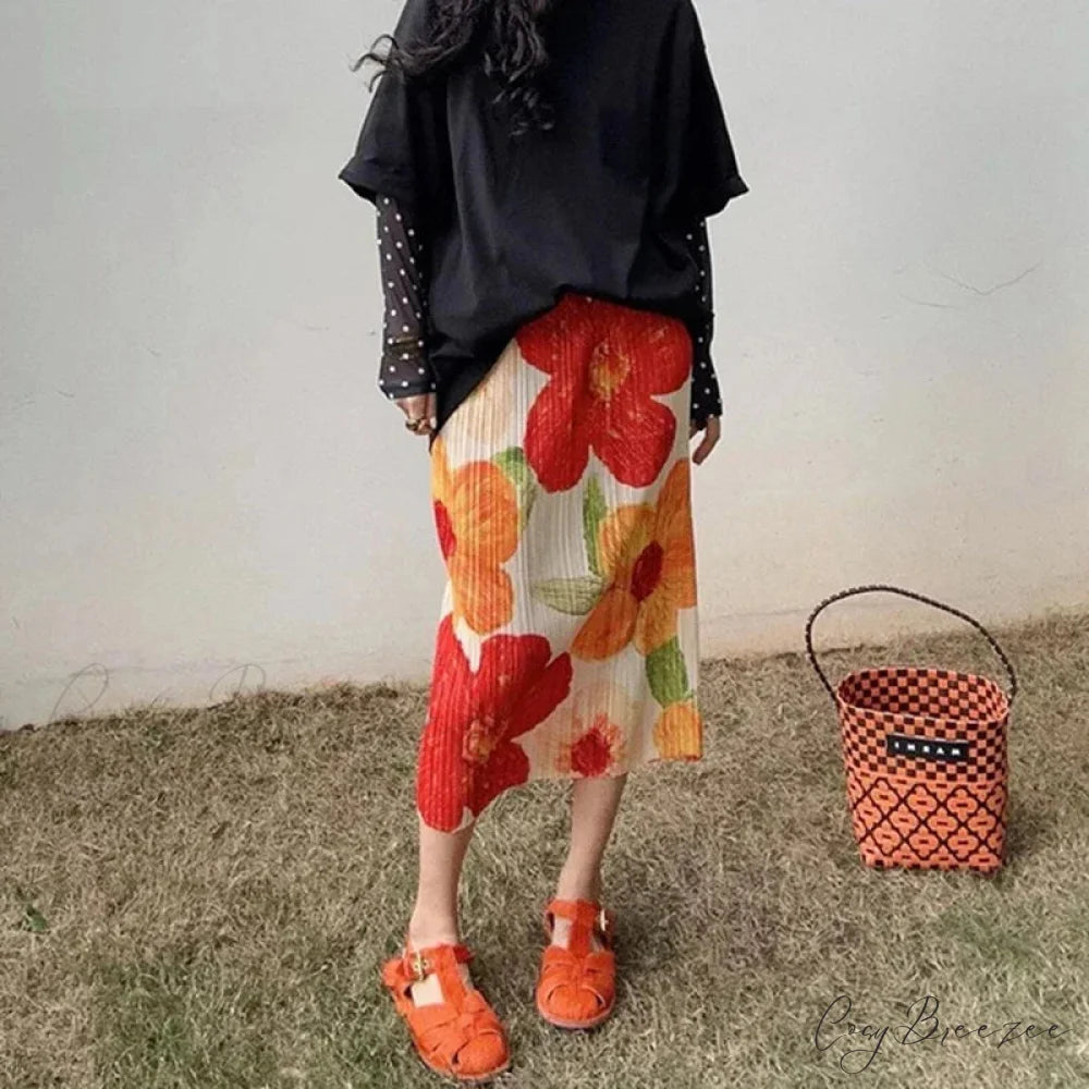 Vintage Floral Print Pleated Midi High Waist Slit A-Line Skirt Picture 2 / One Size skirt-250126