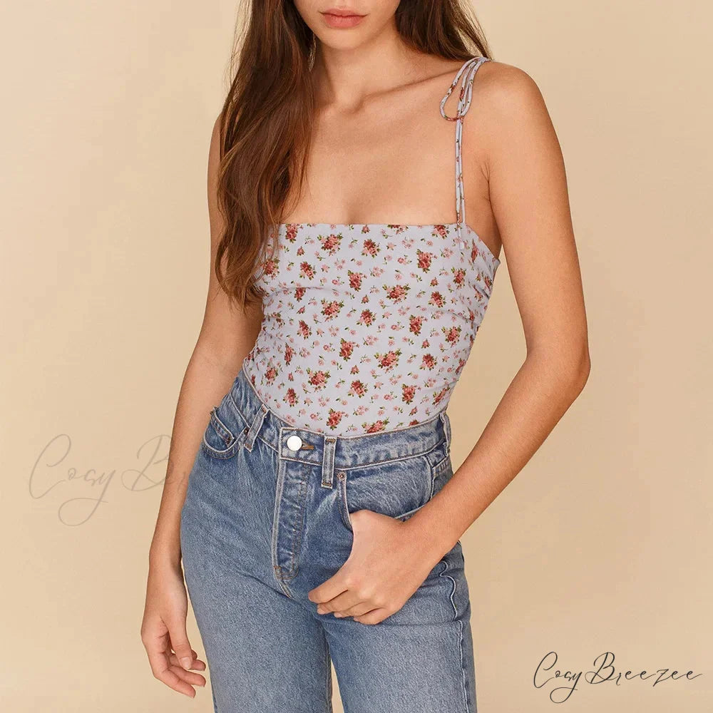 Vintage Floral Smocked Tie Strap Slim Fitted Crop Cami Top BLUE / S croptop-250126