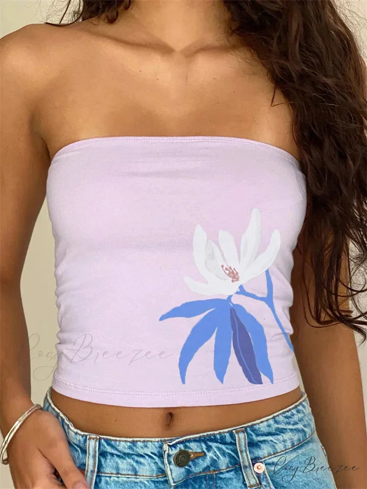 Vintage Floral Strapless Backless Party Crop Top PURPLE1 / S croptop-250126